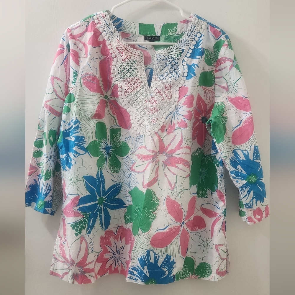 Talbots Foral Pink, Blue, Green Blouse, Size Extra Large, Cotton.